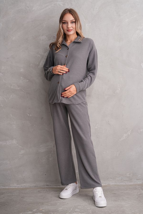 Miss Dünya Lissa-Pregnant and Maternity Bottom Top Suit with Front Button Corded Twisted Fabric Pockets 1