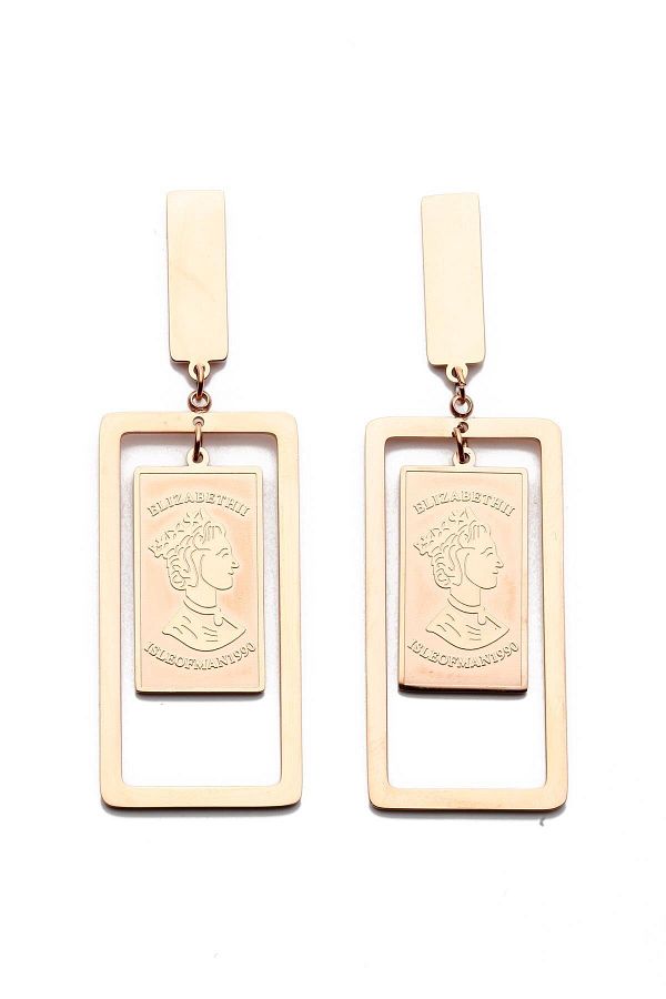 Modex-Rose Colored Steel Dangle Medallion Earrings (6cm) 1
