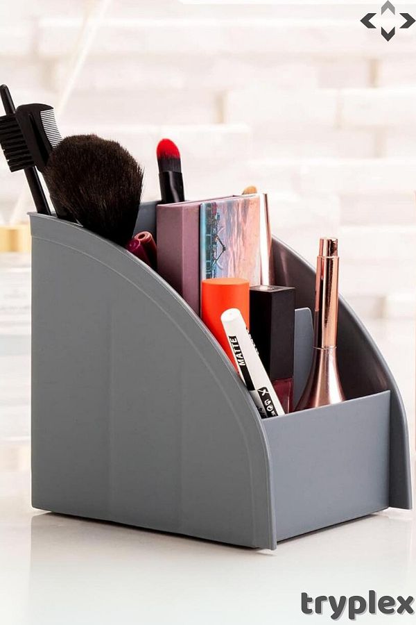 LİGROUND-Tryplex 3-Compartment Gray Multi-Purpose Desktop Organizer - Pen Holder - Makeup Organizer 1 Piece 1
