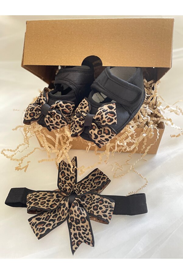 MASALBABY Kız Bebek Leoparlı Bandanalı Siyah Patik / Yeni Doğan Bebek Hediyelik Ayakkabı