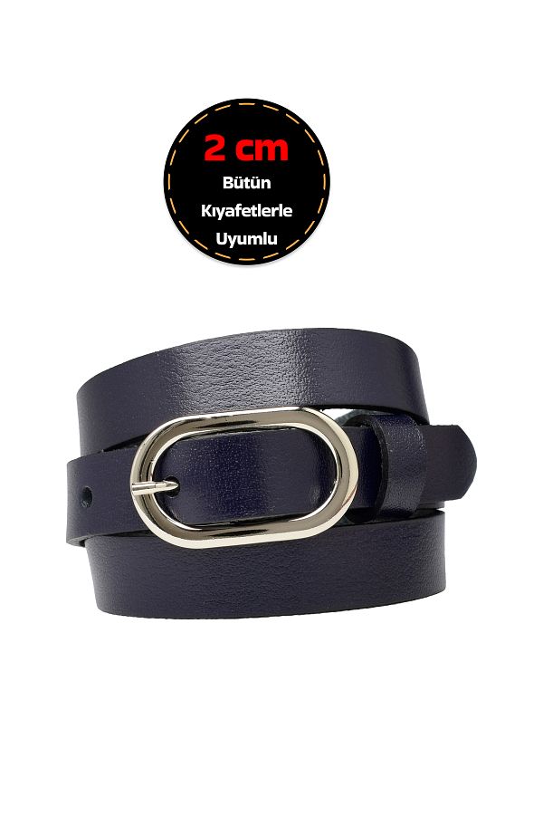 GoDeri 100 Genuine Leather Silver Buckle Thin 2cm Navy Blue Women s Belt Dress Belt Pants Belt Oval Trendyol