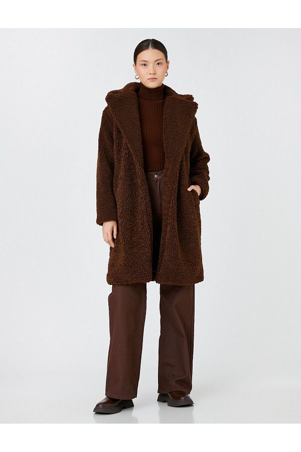 Koton-Long Plush Oversize Coat with Single Button Pocket 1