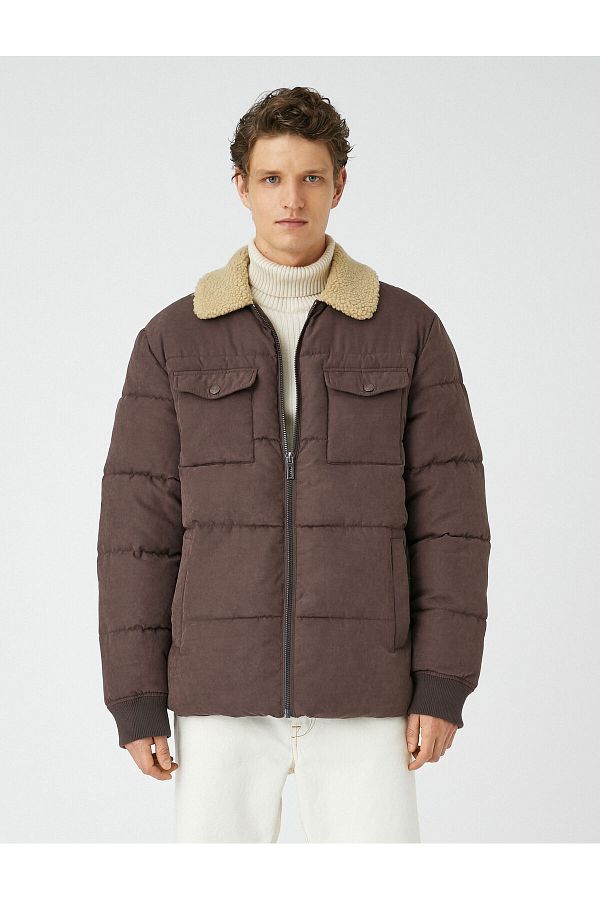 Koton-Puffer Jacket with Double Pockets and Zippered Plush Collar Detail 1