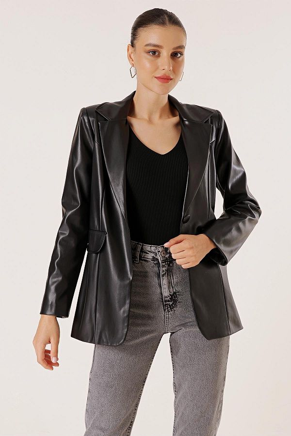 By Saygı-Einknopf-Lederjacke mit Fake-Taschenfutter 1