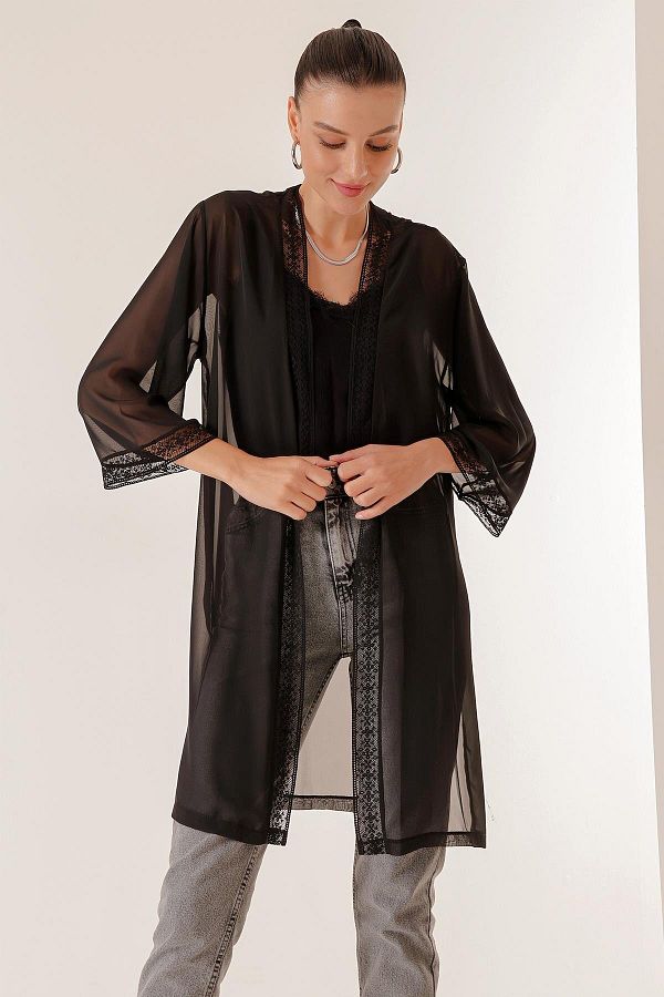 By Sayg Long Chiffon Kimono Jacket with Lace Collar and Sleeve End Trendyol
