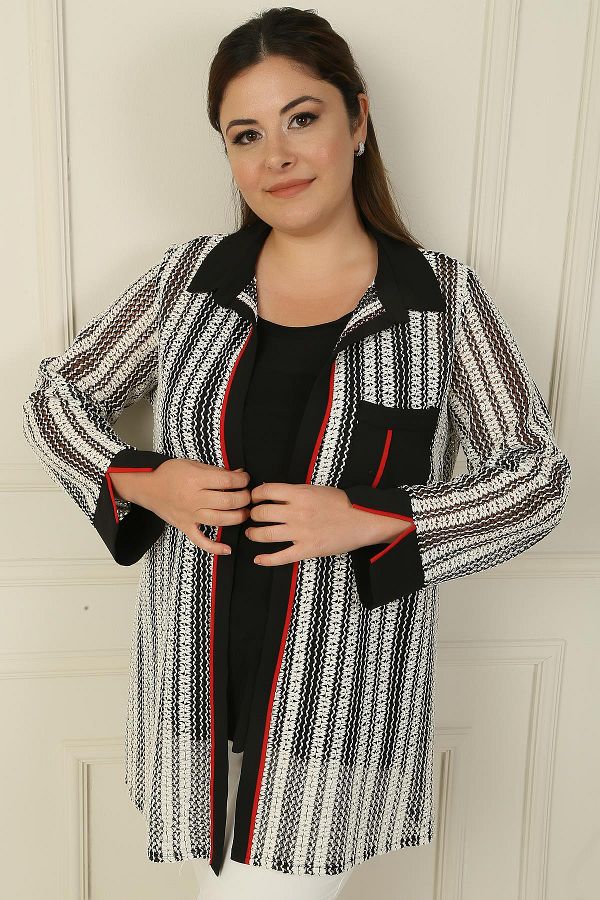 By Sayg Large Size Single Pocket Ribbed Mesh Jacket and Blouse Set 2 Pieces Trendyol