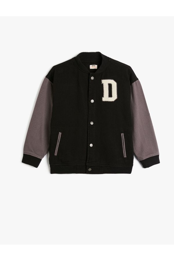 Koton-Bomber College Jacket with Snap Buttons and Printed Appliques 1