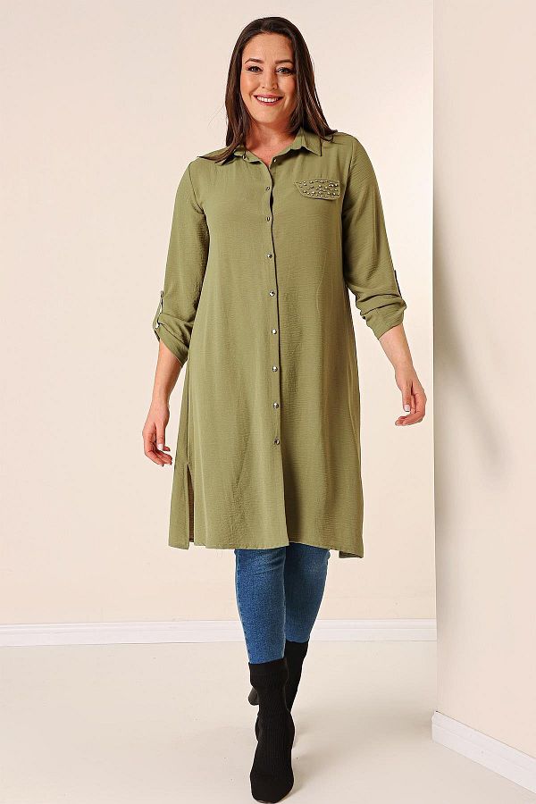 By Saygı-Buttoned Front Three-Quarter Sleeve Pearl Detailed Large Size Ayrobin Long Tunik 1