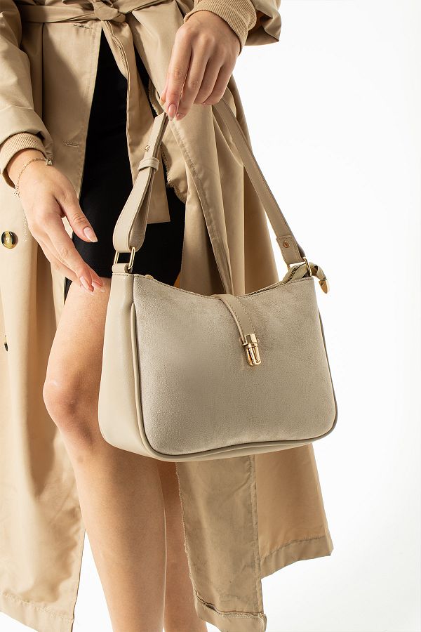 ALECIA Large Volume Luxury Suede Long Strap Zip Up Hand and Shoulder Bag with Internal Zip Up Section Lock Detail Trendyol