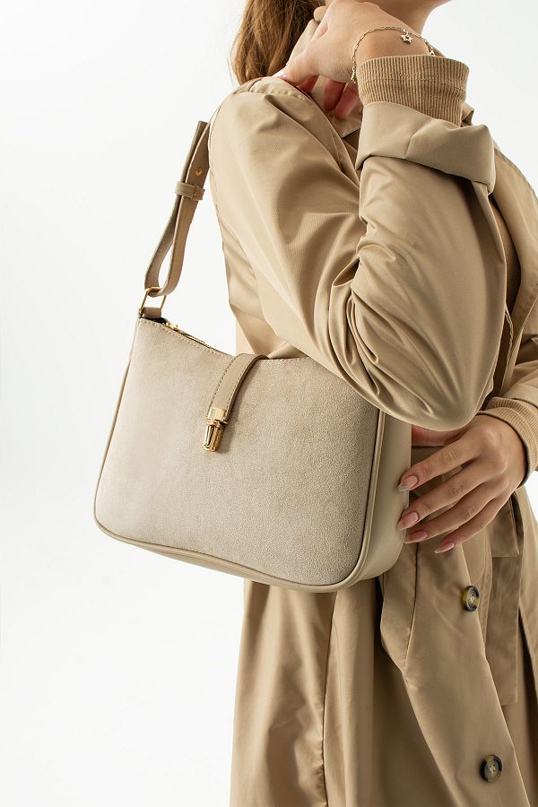ALECIA Large Volume Luxury Suede Long Strap Zip Up Hand and Shoulder Bag with Internal Zip Up Section Lock Detail Trendyol