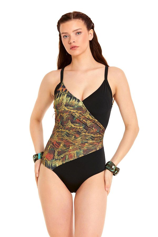 Argento-Double Breasted Swimsuit with Crocodile Pattern and Slimming Effect 1