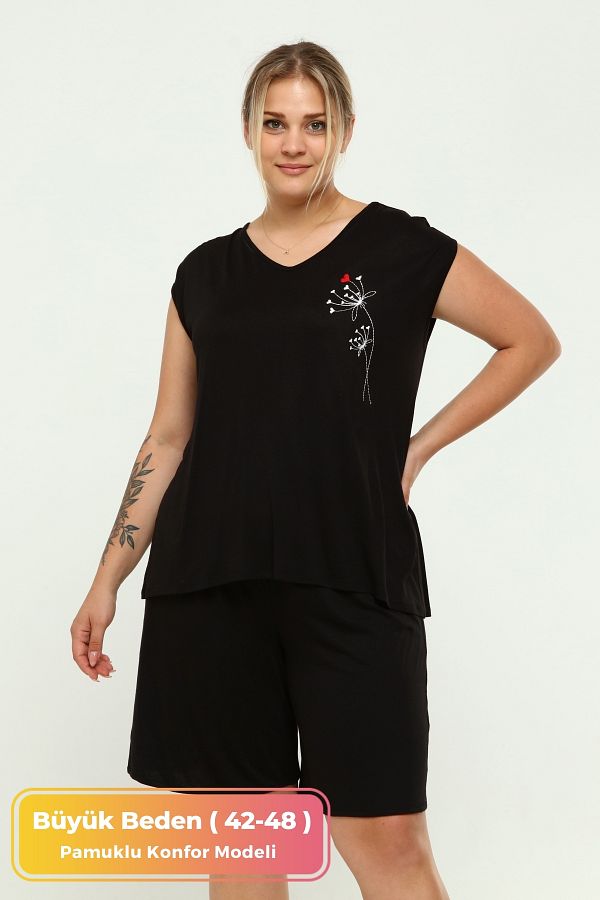 tarzımsüper-Plus Size ComfortaBle Curve Shorts Pajama Set - Black 1