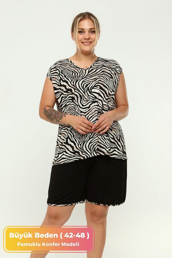 tarzımsüper-ZeBra Patterned ComfortaBle Pajama Set - Black and White, Plus Size, 2-piece Under-upper Set 1