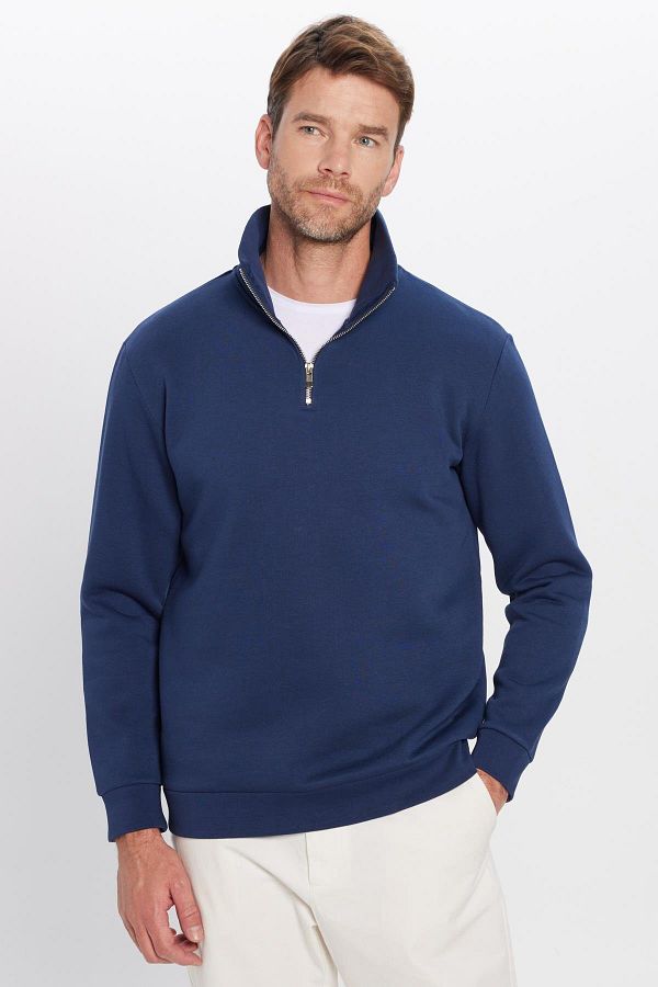 Tudors Unisex Relax Fit Comfortable Cut Cotton Fleece Inside Half Zipper Navy Blue Stand Collar Sweatshirt Trendyol