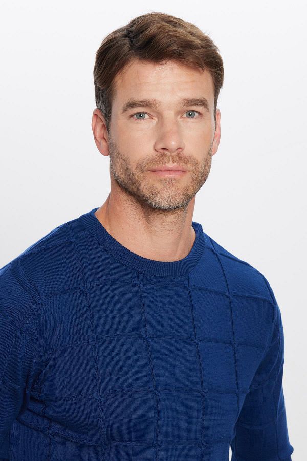 Tudors-Men's Slim Fit Slim Fit Crew Neck Square Pattern Blue Knitwear Sweater 1
