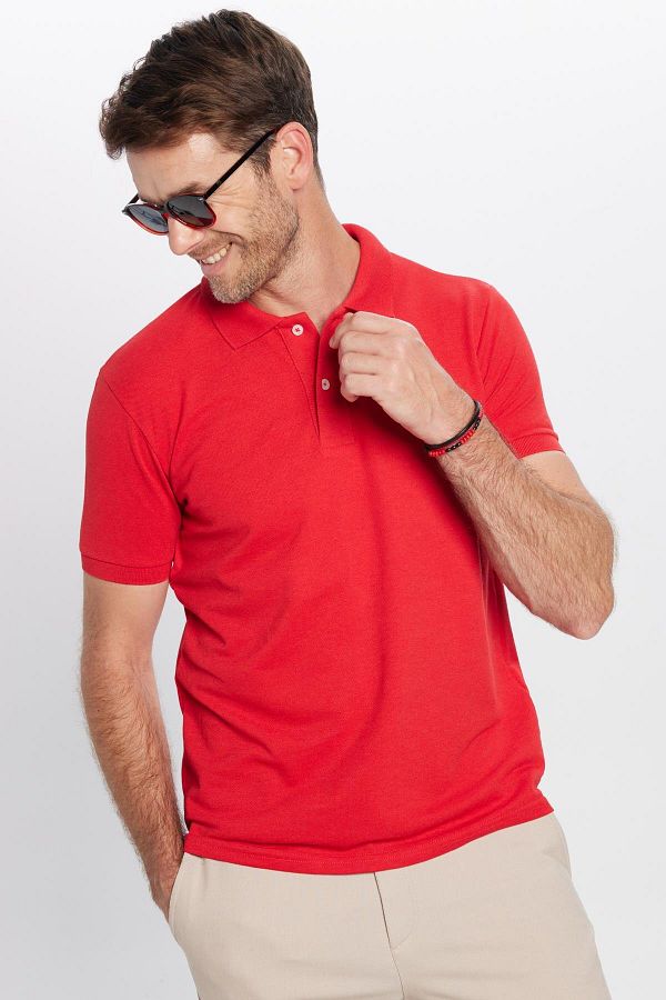 Tudors-Tricou pentru bărbați, slim fit, din bumbac, cu textura moale, țesătură rece, roșu piqué, cu gât polo 1
