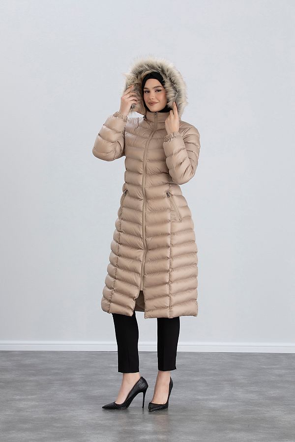 Space Fashion Women s Beige Long Puffer Jacket Trendyol