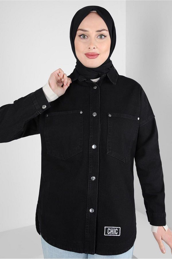 TRENDTESETTÜR-Women's BLACK DENIM SHIRT T 0501 1