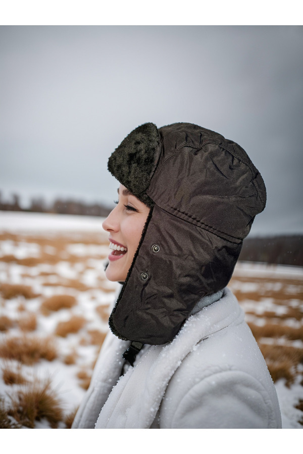 MATCO Black Fur Snow Cap Ear and Chin Detailed, Water Repellent