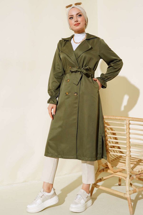 【Modest Mood】送料/関税込 Trench Leather Coat (Ash khaki) MODAQU Khaki Trench Coat - Sleeve Drawstring and Button