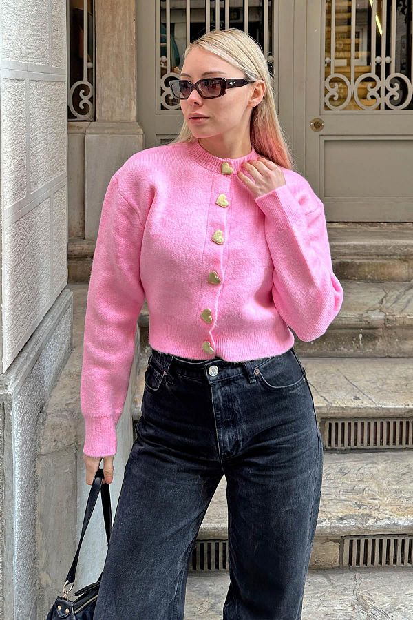 Swist-Pink Heart Gold szívgombos női kötöttáru kardigán 1