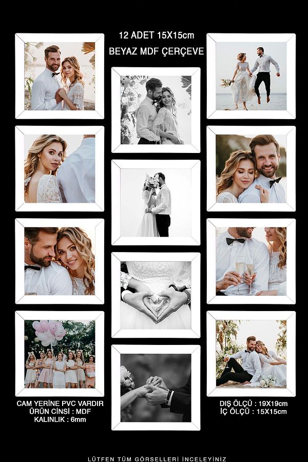 Bytwo-12 Pieces 15x15 Frame - Square Frame - MDF White Frame - Multiple Photo Frame Set 1