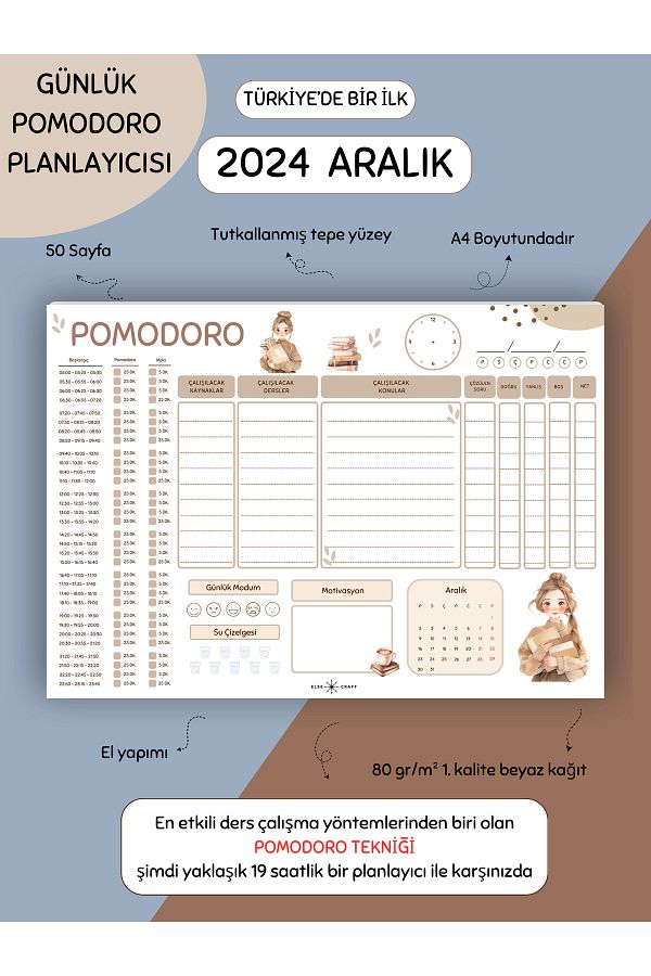 Else Craft-December 2024- Pomodoro Study Planner -A4 Horizontal- 50 Sheets- Pl-12 Compatible with All Exams 1