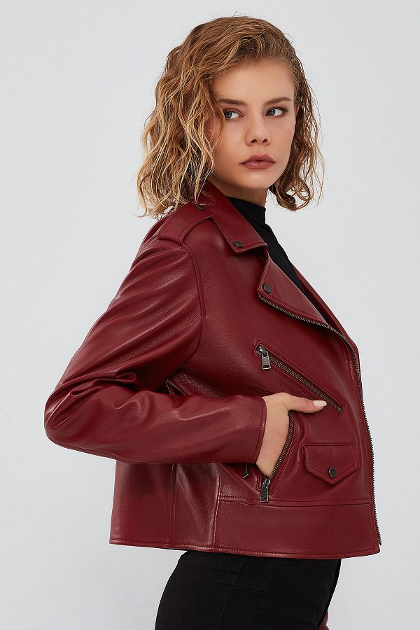Derimod Claret Red Biker Women s Jacket New Look 23wgd5086u6 Trendyol