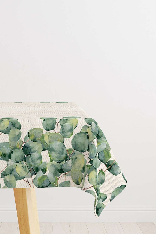 Cango Home-Green Cream Eucalyptus Patterned Digital Printed Tablecloth Cgh1102-ms 1