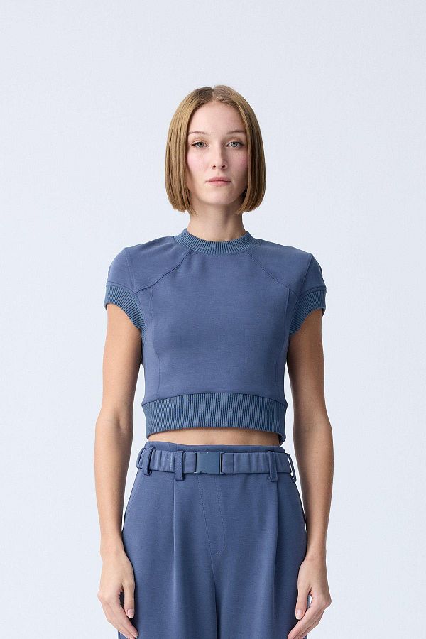 rue.-Navy Blue Knitted Blouse with Knitwear Band Detail 1