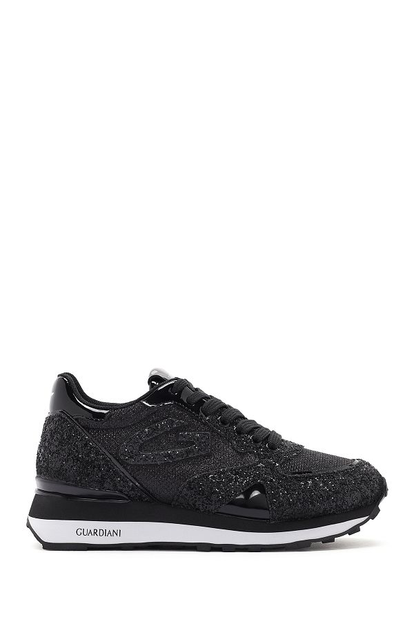 ALBERTO GUARDIANI Black Glittery Leather Sneaker Thick Sole and Laced G03G100022 Trendyol