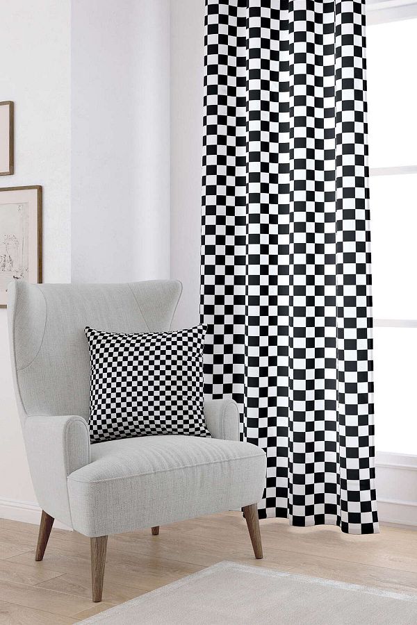 Cango Home-White Black Checkered Checkerboard Patterned Digital Printed Curtain - Cgh1041-pr 1
