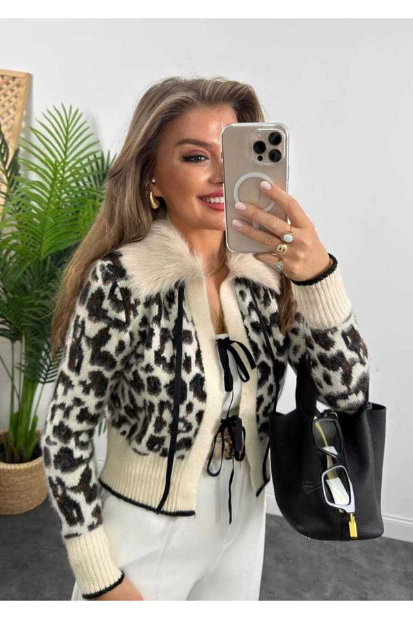Mzr Collection-Leopard Print Collar Sheepskin Cardigan 1