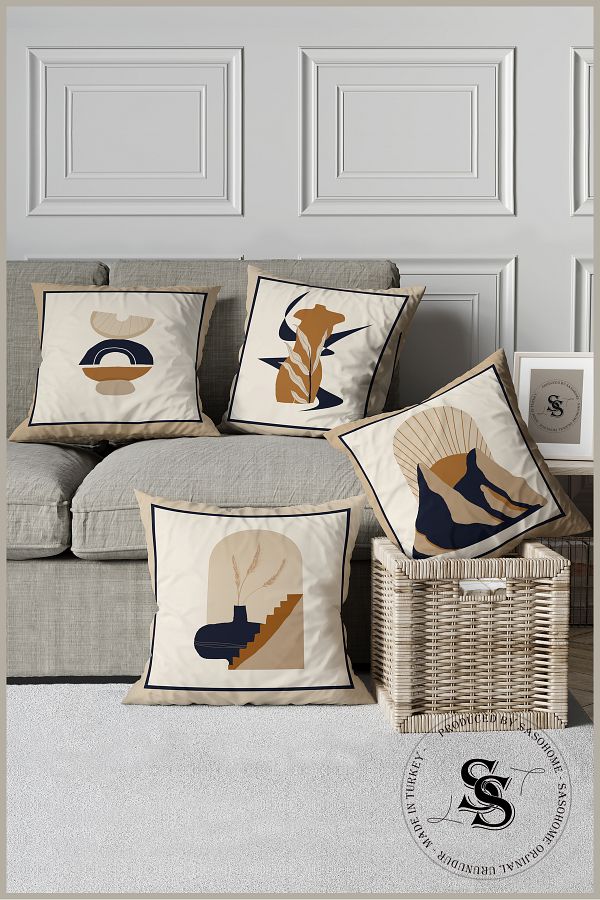 SasoHome-Set of 4 Digital Printed Throw Pillow Covers with Modern Ethnic Objects Pattern on a Cream Background 1