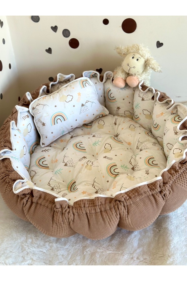 Babynest Yuvarlak Yatak/oyun Minderi Ve Yastığı Kahve Pike Gökkuşağı