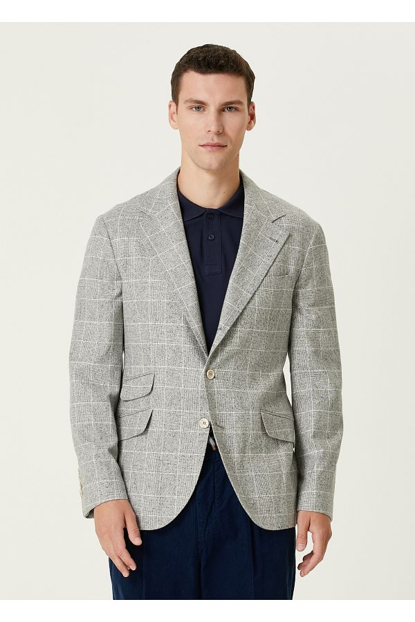 Brunello Cucinelli-Light Gray Plaid Pattern Silk Jacket Size: 52 1