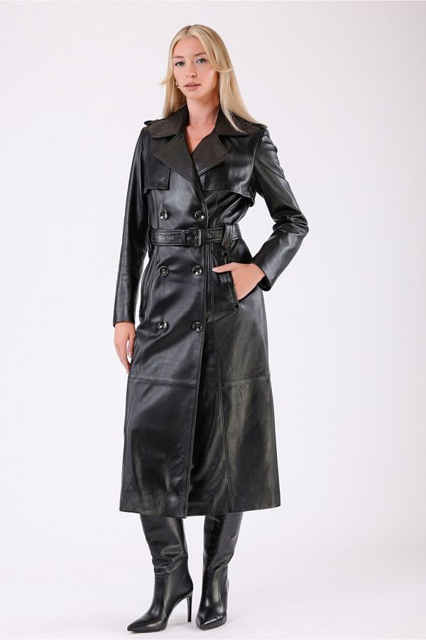 Leather Club-Black Genuine Leather Trench Coat 1