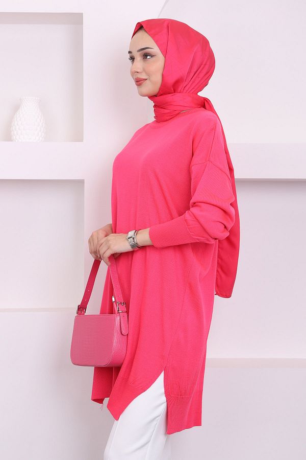 İmajButik-Fuchsia Crew Neck Mercerized Casual Knitwear Tunik 1