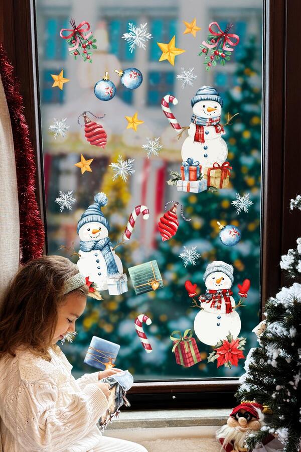 MSticker Kardan Adamlar ve Süsleri Yılbaşı Yeni Yıl Hediyesi Süsü Cam Duvar Sticker Seti