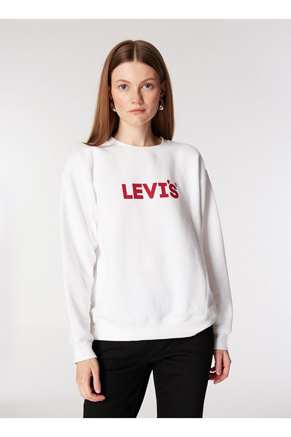 Levis White Women s Sweatshirt Cycling Print Regular Fit Gr Everyday Crew Core Size L Trendyol