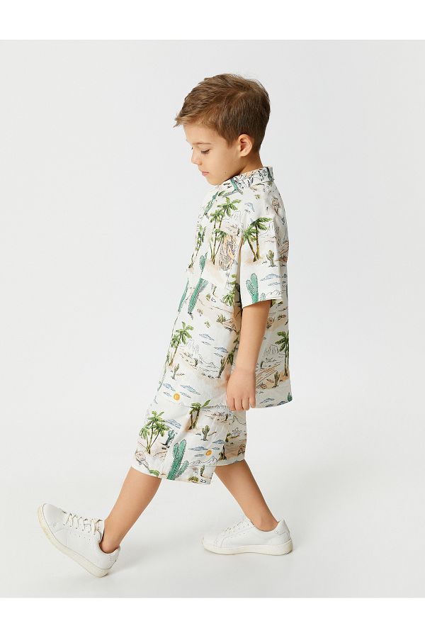Koton-Linen Shorts with Pockets Elastic Waist Cactus Printed 1