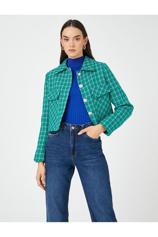 Koton-Crop Tweed Jacket with Pockets Buttons 1