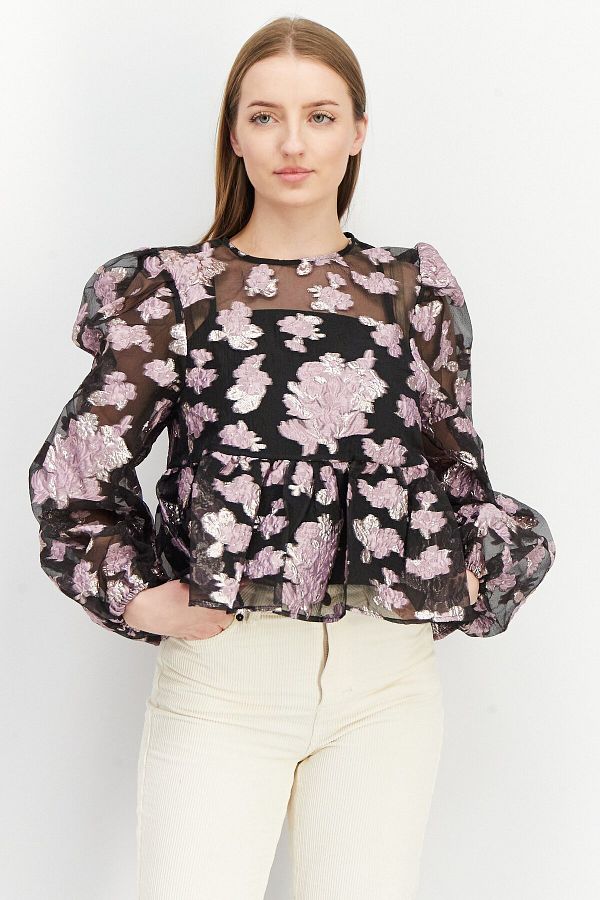 Asos Design-Women Round Neck Puffed Sleeve Floral Jacquard Top, Black 1