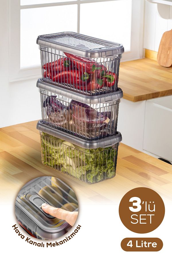 Vienev-Set of 3 Self-Striped Storage Containers with Lockable Lid 4 Liters 1