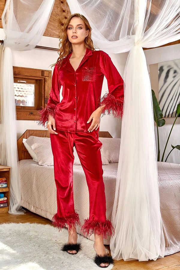 Cossy By Aqua Otri Detailed Velvet Shirt Pajama Set Trendyol