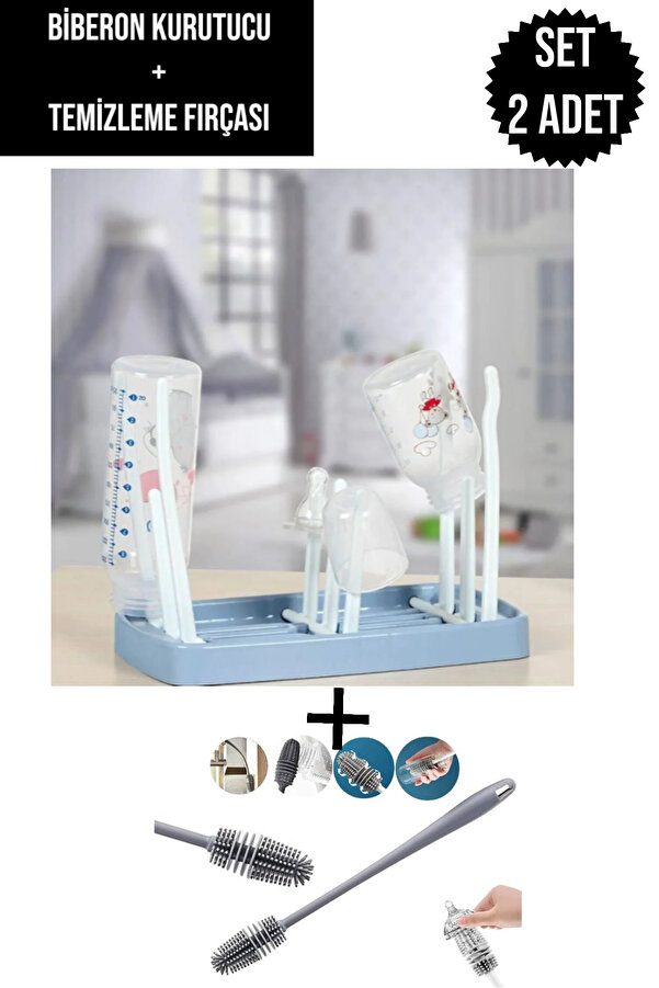 CocoVia ( 2'li Pratik Biberon Seti ) Biberon Kurutucu + Temizleme Fırçası 2'li Bebek Biberon Seti