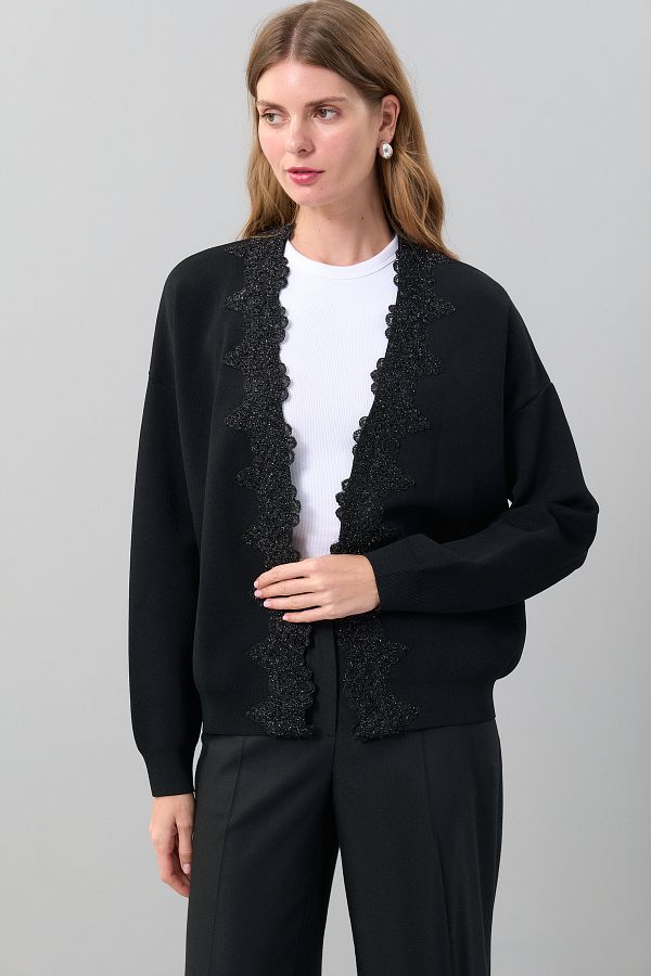 Roman Black Knitwear Cardigan Embroidered Detailed K 2571021 001 Trendyol