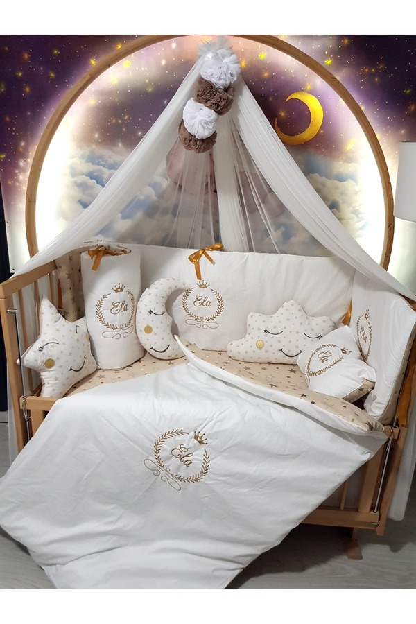 bebek_iklimi 70x130 Nakışlı Bebek Uyku Seti Isimli - Lüks Cibinlik Ve Aparat - Başak Taç Motifli