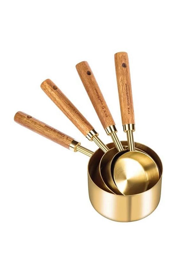 btmhome-Gold Measuring Spoon Set Set of 4 Measuring Cups with Wooden Handle 1