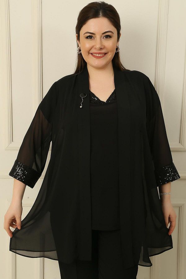 By Sayg V neck Sequin Tank Top Bronchies Sleeve Ends Sequin Chiffon Jacket Plus Size 2 Pieces Set Trendyol